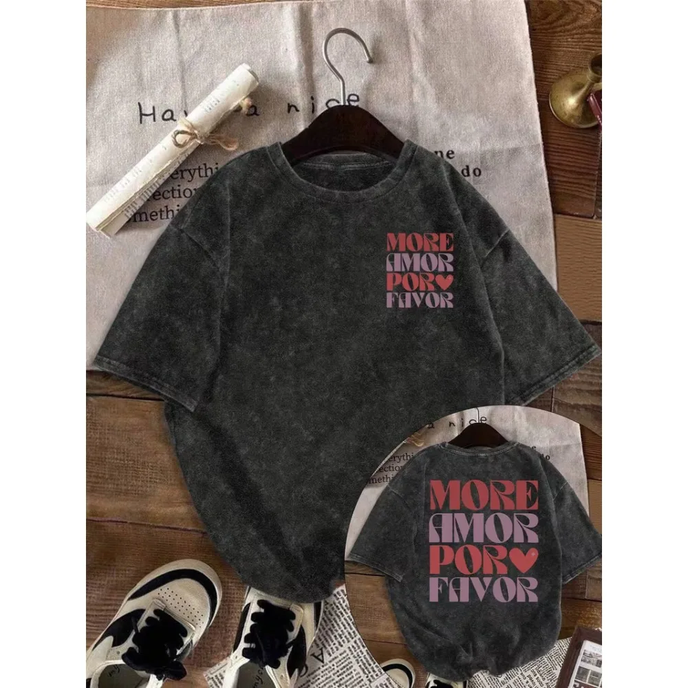 MORE AMORE POR FAVOR Graphic Print Round Neck Short Sleeve Retro Casual Daily Washed T-Shirt Top Men Women Unisex Casual Tops