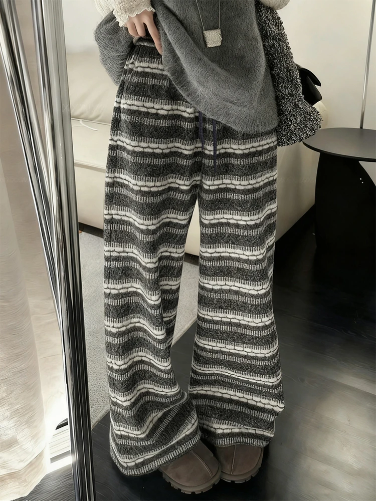 페어 아일 니트 와이드 레그 팬츠 여성용 겨울 루즈핏 기모 안감 트위드 스트라이프 캐주얼 스트레이트 레그 바지