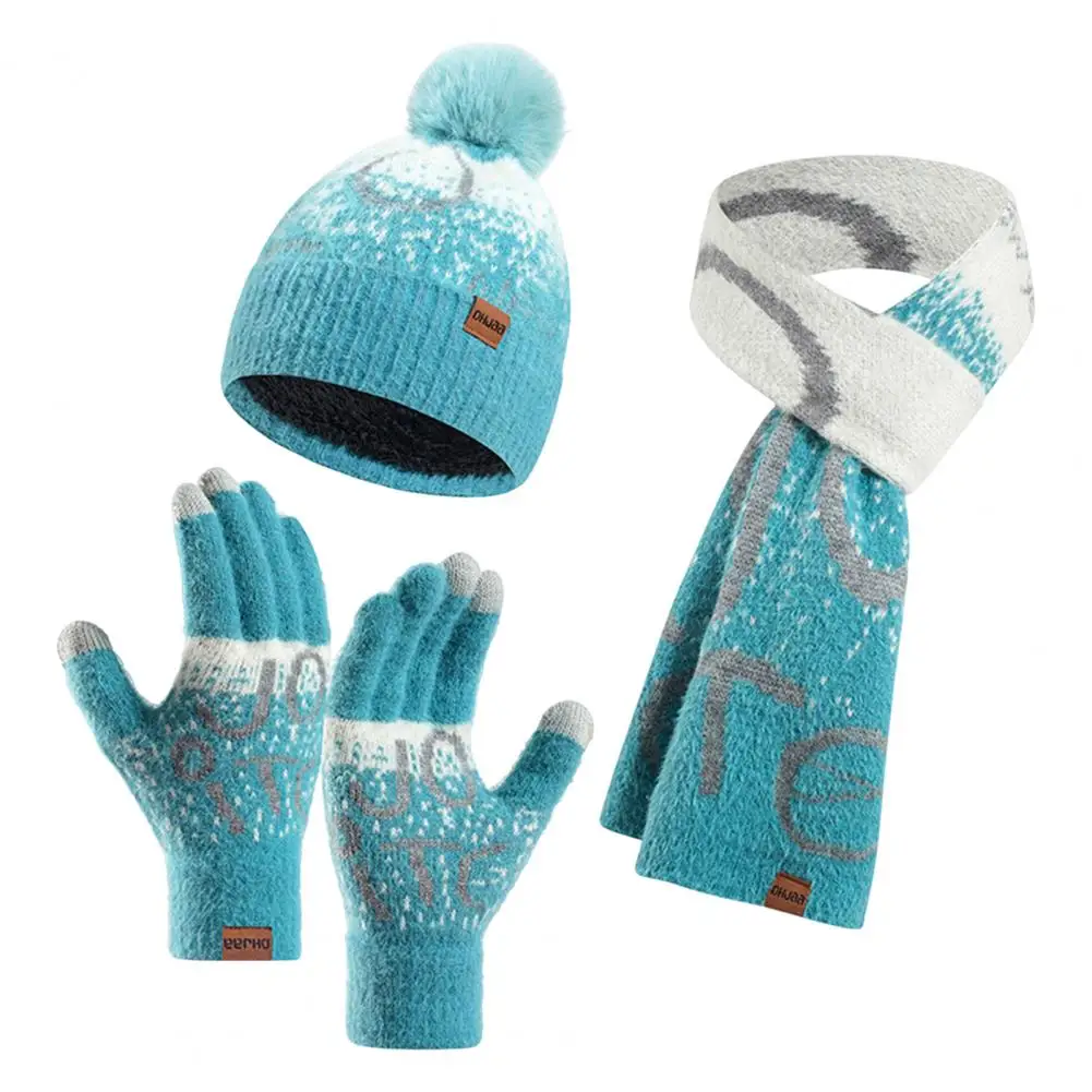 Hat Scarf Glove Set 3-piece Unisex Christmas Knit Set Beanie Scarf Gloves Warm Winter Gift Dome Neck Wrap Thick Jacquard Knitted