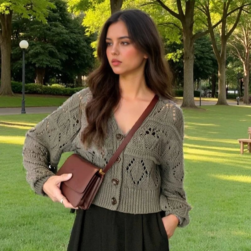 

Новый модный кардиган с v-образным вырезом и длинными рукавами, повседневная короткая однобортная трикотажная верхняя одежда, весна-осень, женский трикотаж