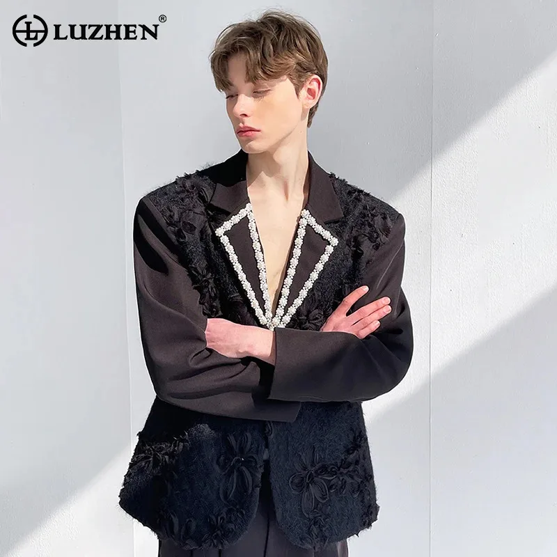 

LUZHEN Luxury Three-Dimensional Jacquard Handmade Pearl Decorate Collar Blazer Coat Men 2025 New Elegant Original Clothes JY3273