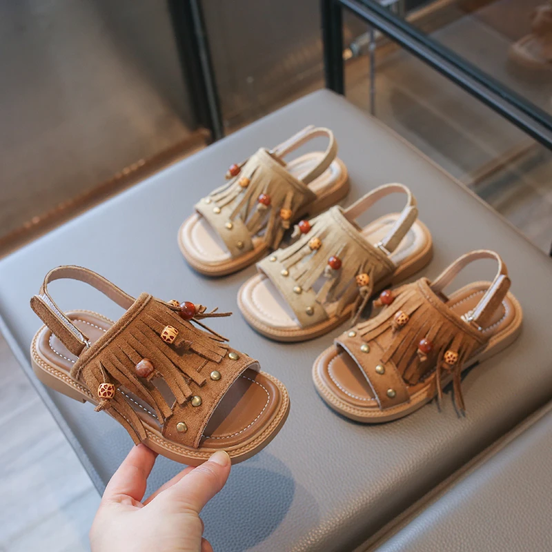 2026 Summer Bohemian Girls' Sandals, Retro Studded Beaded Roman Sandals, Soft Sole, Non-Slip Children's Beach Slippers