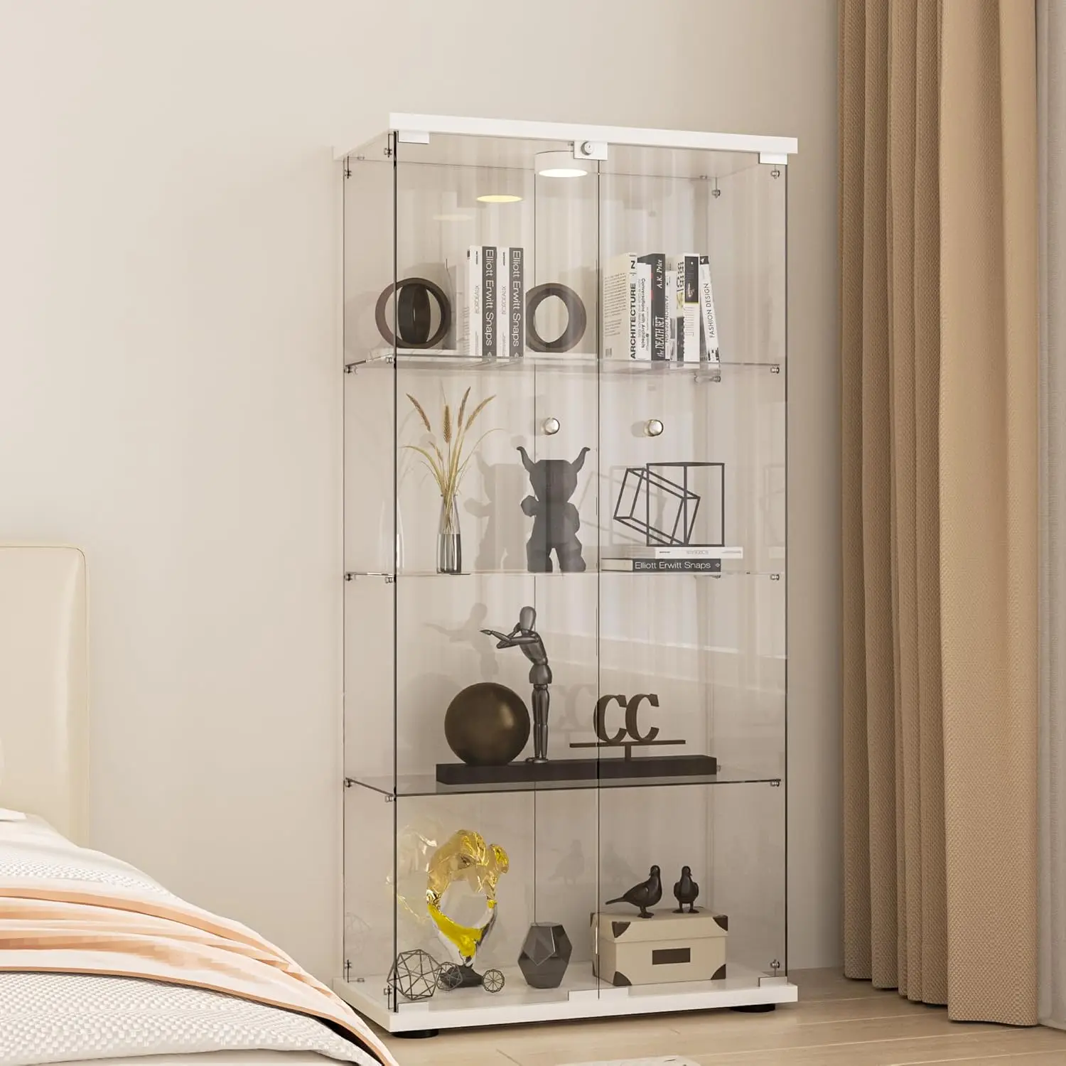 2 Doors Ultra Clear Glass Display Cabinet with LED Light, Easy Install Glass Display Case 4 Tiers