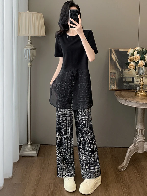 

Fashionable Retro Coin Design Slimming Black Short Sleeve Top Wide Leg Pants Two Piece Set Women's Summer 2026 Design Sensation