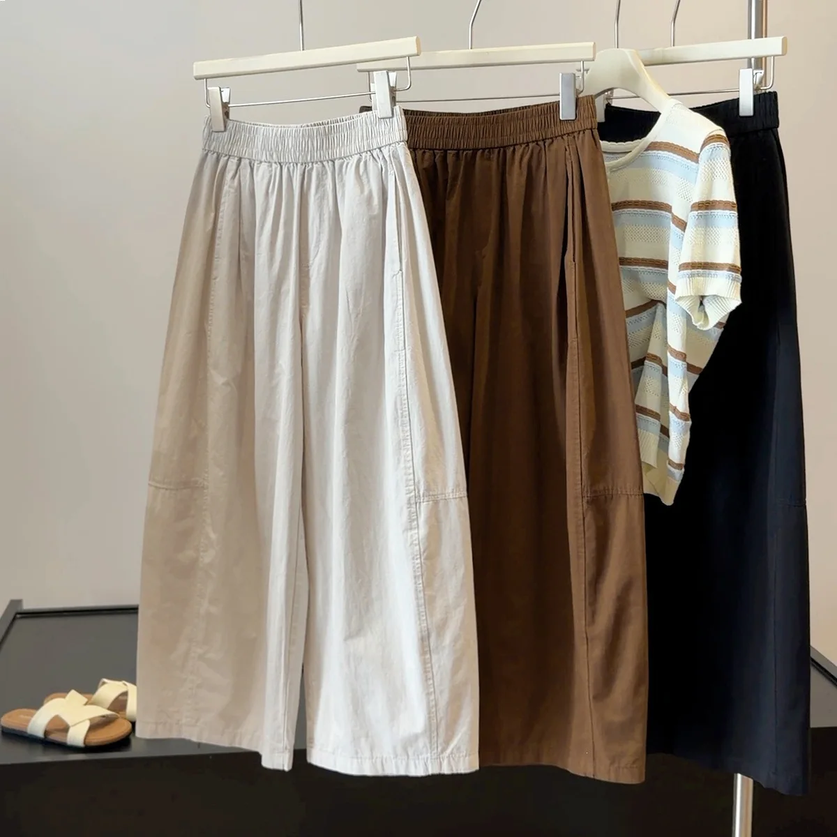 

Harajuku Minimalist Elastic High Waist Wide Leg Cropped Pants Loose Patch Pocket Culottes Women Korean Casual Summer Trousers