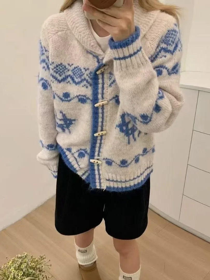 

Korean Sle Vintage Fair Isle Collar Sweater Coat Women Loose Lazy Long Sve Knitted Open Cardigan Autumn 2025