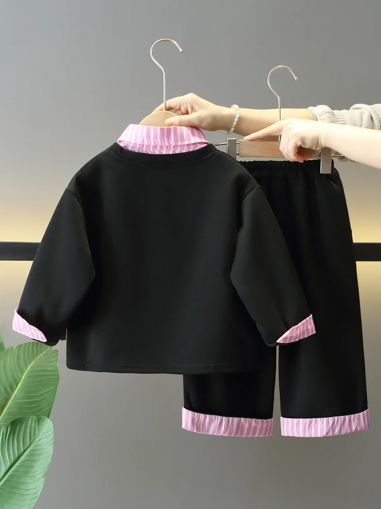 High Quality Toddler Boys Loose Suit Cotton Patchwork Sweatshirt+Wide Leg Pants 2Pcs Suit Fashion Streetwear Children Outfit