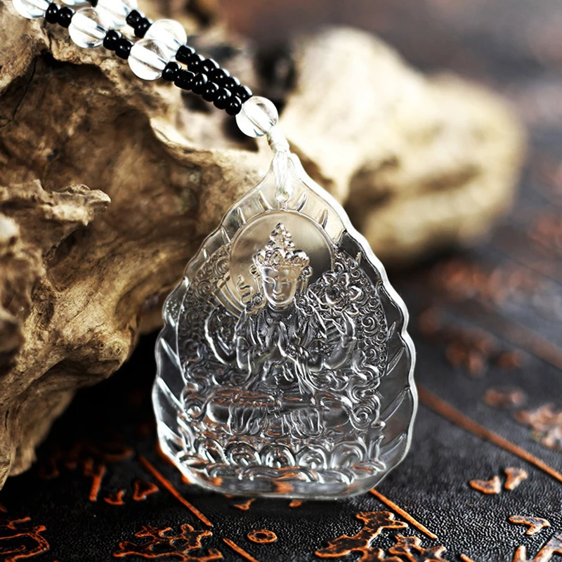 Pendentif en cristal Tara Verte, long collier pour pull, Bouddha de la Guérison Amitabha, Religion du Bouddhisme Tibétain, Colliers Amulettes Unisexe
