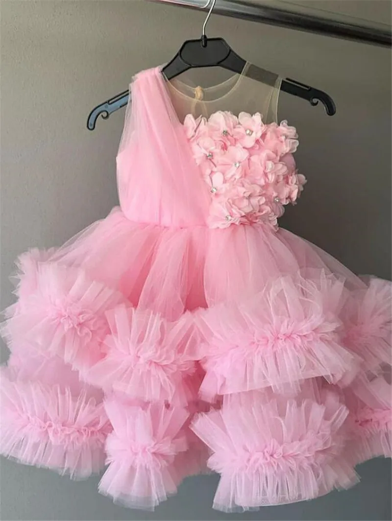 

Fluffy Baby Girl Dress Floral Tiered Tulle Organza Pageant Gown Tutu Birthday Party Dress Kid Size 1-14T