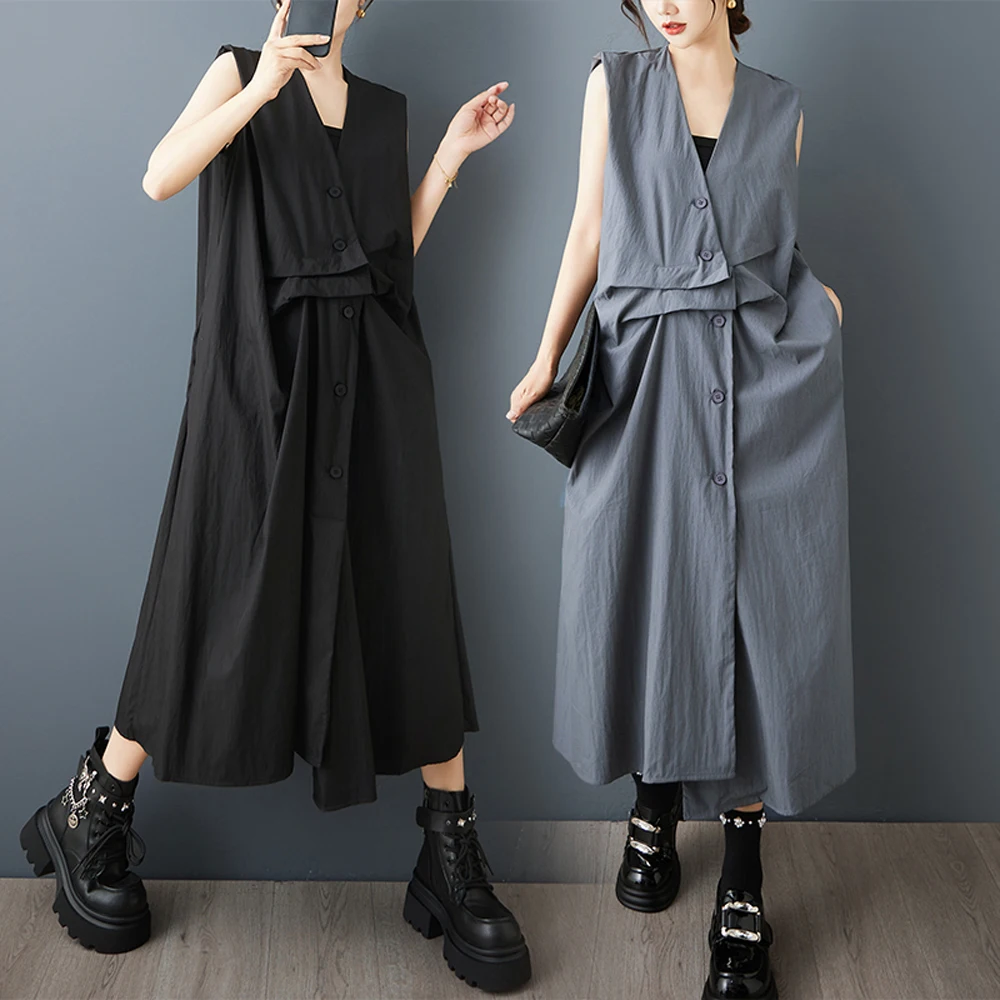 NYFS 2025 Estate Nuovo Allentato plus Size Vintage camicia senza maniche Abito Abito da donna con scollo a V irregolare