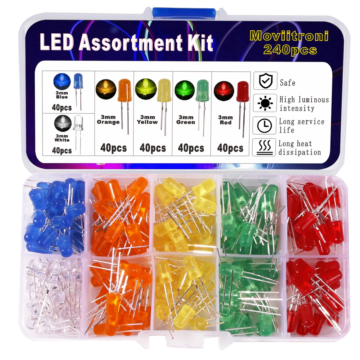 240-teiliges Sortiment an LED-Diodenlichtern, 3 mm/5 mm, transparent, lichtemittierend, weiß, grün, rot, blau, gelb, orange