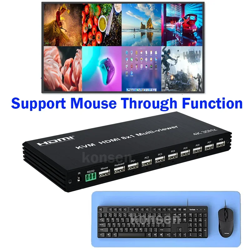 4K HDMI KVM Multiviewer Switch 8 in 1 Out KVM HDMI USB Screen Multi Viewer Seamless 8x1 Multiplexer for 8 PC Share Monitor Mouse