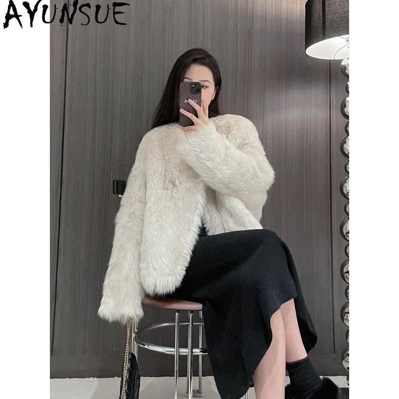 

AYUNSUE Кожаная шуба с мехом для женщин, роскошная зимняя меховая куртка, топы с длинными рукавами для женщин, свободная стильная верхняя одежда, женская одежда, шуба