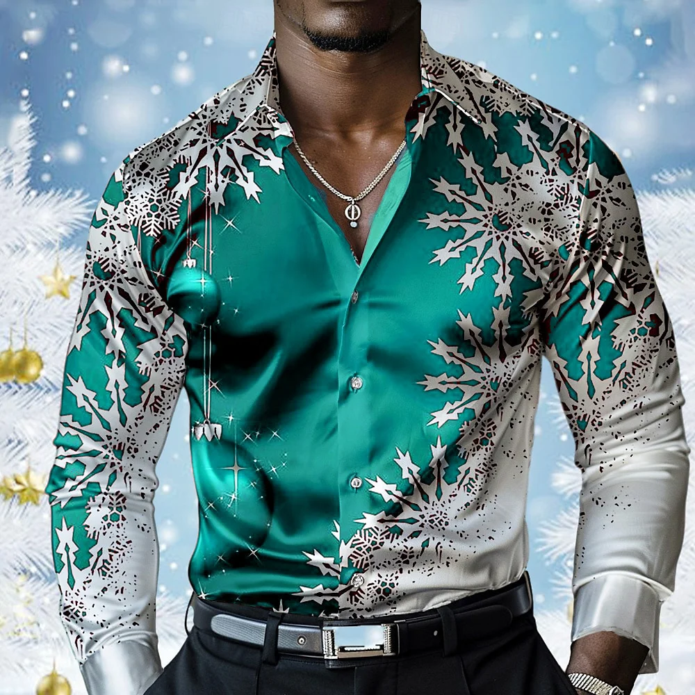 Fashion Christmas Style Men's Shirt 3D Snowflake Print New Year Gift X'mas Clothing Autumn Casual Lapel Button Long Sleeve Tops