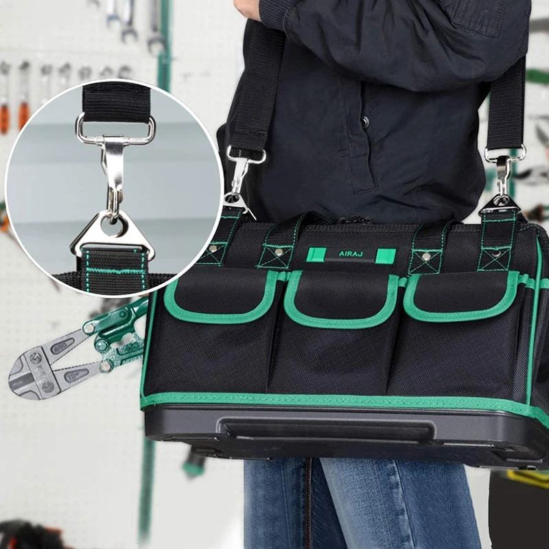 AIRAJ 23in Tool Bag with Waterproofed Molded Bottom, Multi-Pockets Wide Mouth Tool Tote with Adjustable Shoulder Strap