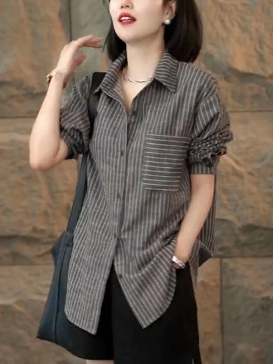 

Женский топ Ele в полоску в стиле ретро, осень Faion 2024, длинный све, смесь хлопка Ne, топ средней длины для поездок на работу