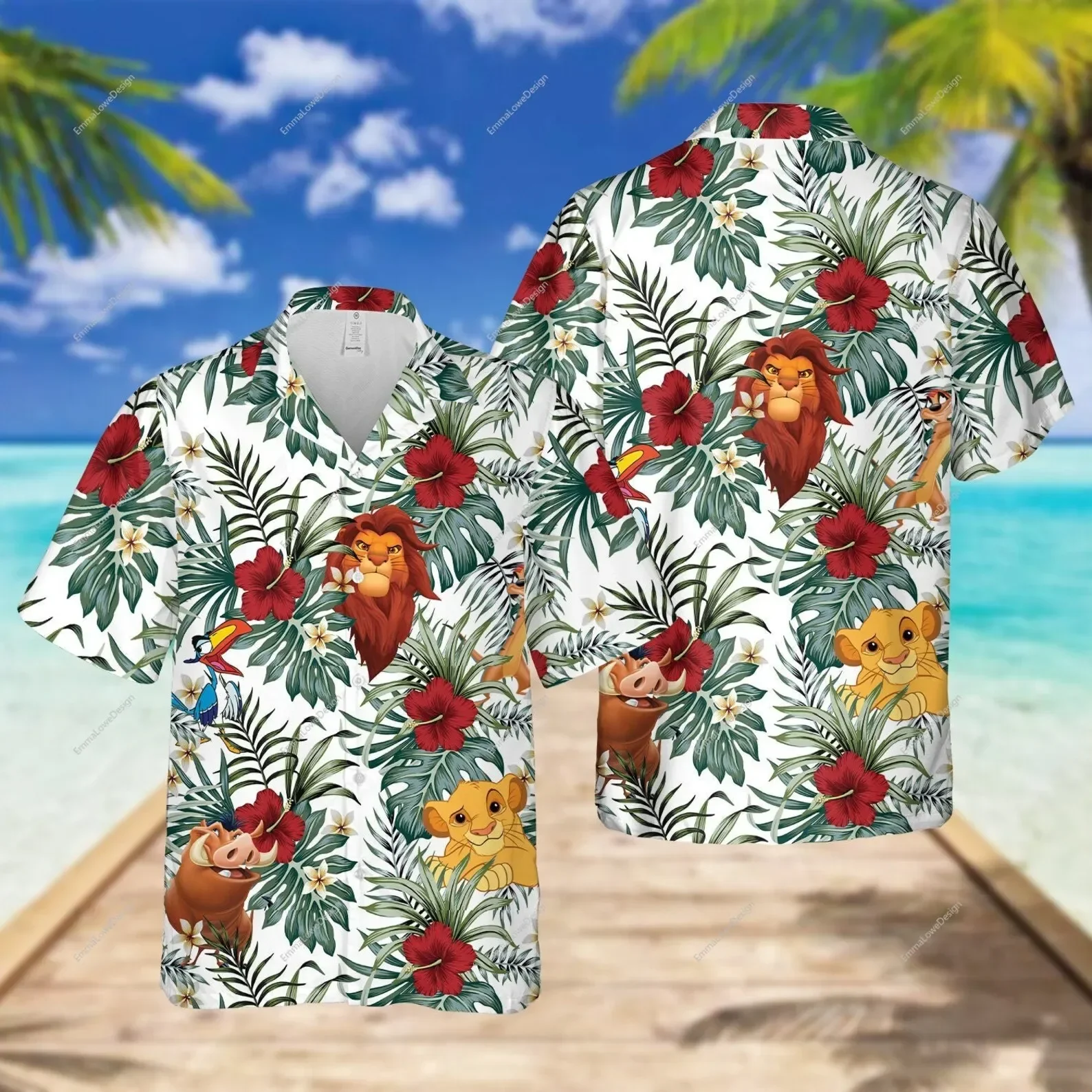 Disney-Chemise hawaïenne à manches courtes pour hommes et femmes, chemise boutonnée, chemise de plage décontractée, haut hawaïen, roi de discussion, Simba, été