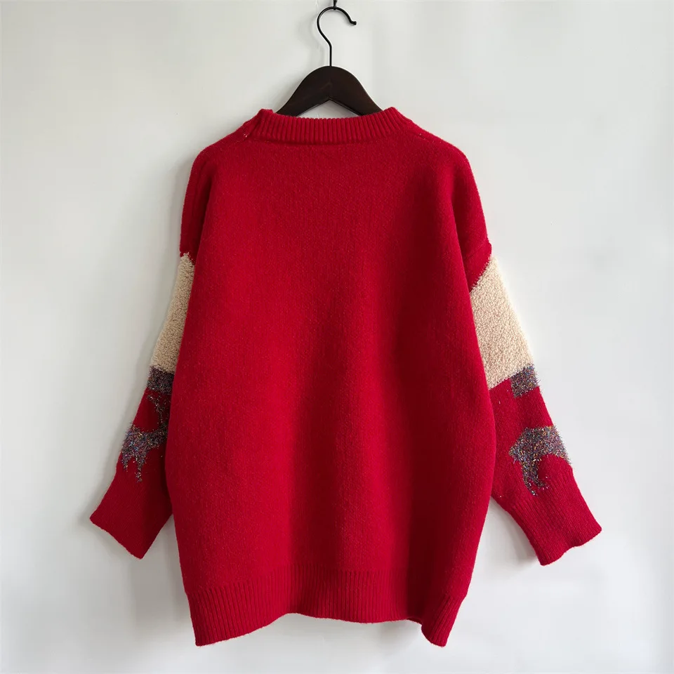 Autunno/inverno natale maglione da donna sciolto a maniche lunghe fatto a mano con paillettes albero di natale cervo Jacquard Pullover lavorato a maglia