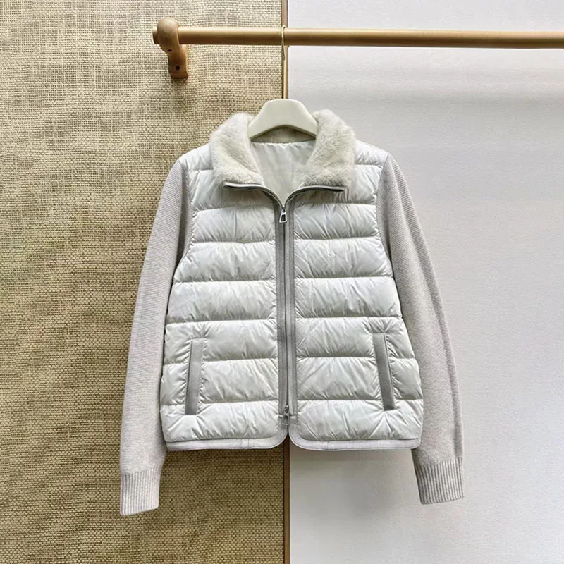 Women's Wool-Blend Patchwork Lapel White Goose Down Jacket, Casual and Warm Jacket, High-Quality Top, 2026, New Arrival, Y2K