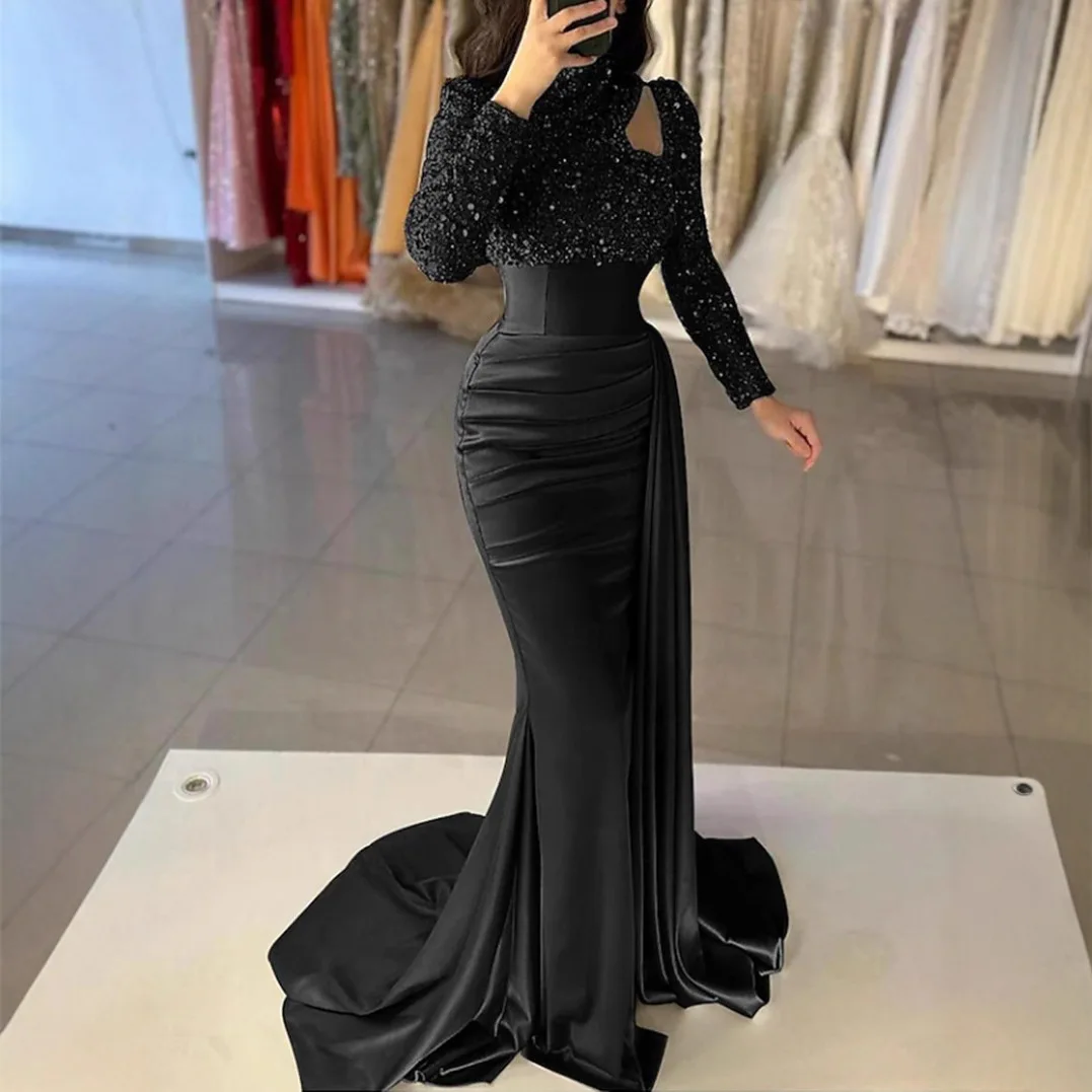 

2025 женское элегантное вечернее платье с открытыми плечами и длинными рукавами для светской львицы, ежегодное праздничное вечернее платье с пайетками, королева присутствия