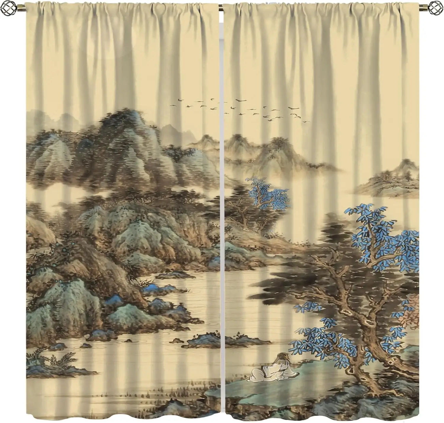 Oriental Chinese Ink Landscape Curtains, Pine Mountain River Nature Print 2 Panels Window Drapes for Bedroom Living Room Decor