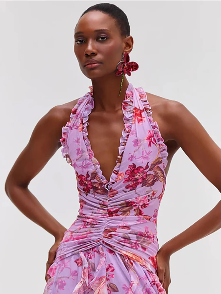 Abito lungo da donna elegante con stampa floreale alla caviglia, spacco alto, fluido, da festa estivo, corpetto increspato alla moda, design con scollo a V profondo