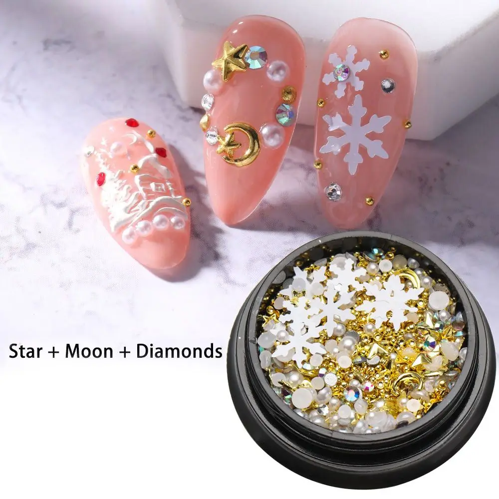 เล็บชิ้นส่วนStudsเล็บโลหะเพิร์ลออกแบบทองฟอยล์Flakesผสมเล็บRhinestones Star Moon