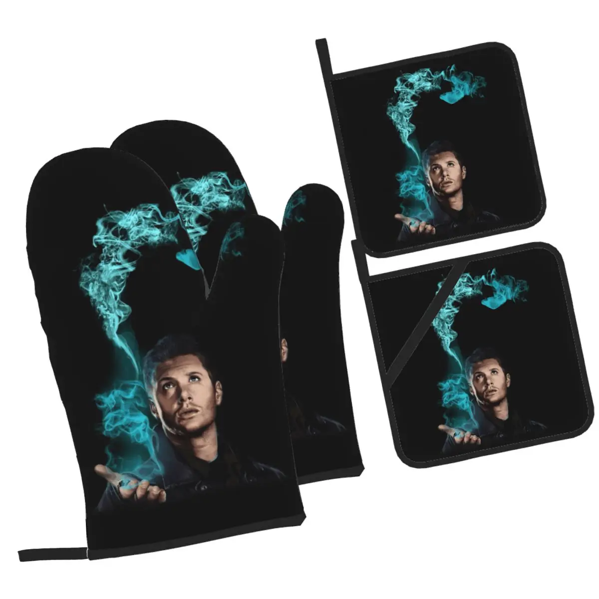 

Наборы из 4 рукавиц для духовки Dean Winchester и держателей для кастрюль для выпечки, кухни, приготовления пищи, устойчивых к барбекю нескользящих перчаток