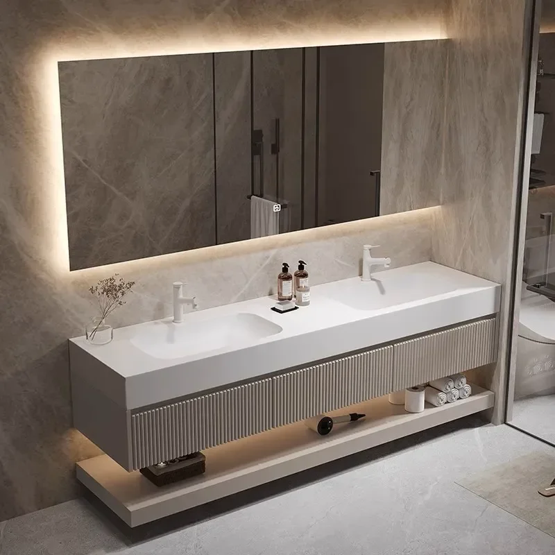 Simple Double Basin Corian Integrated Sink Oak Painted Bathroom Vanity Cabinet with Toilet Washstand and Hand Washbasin