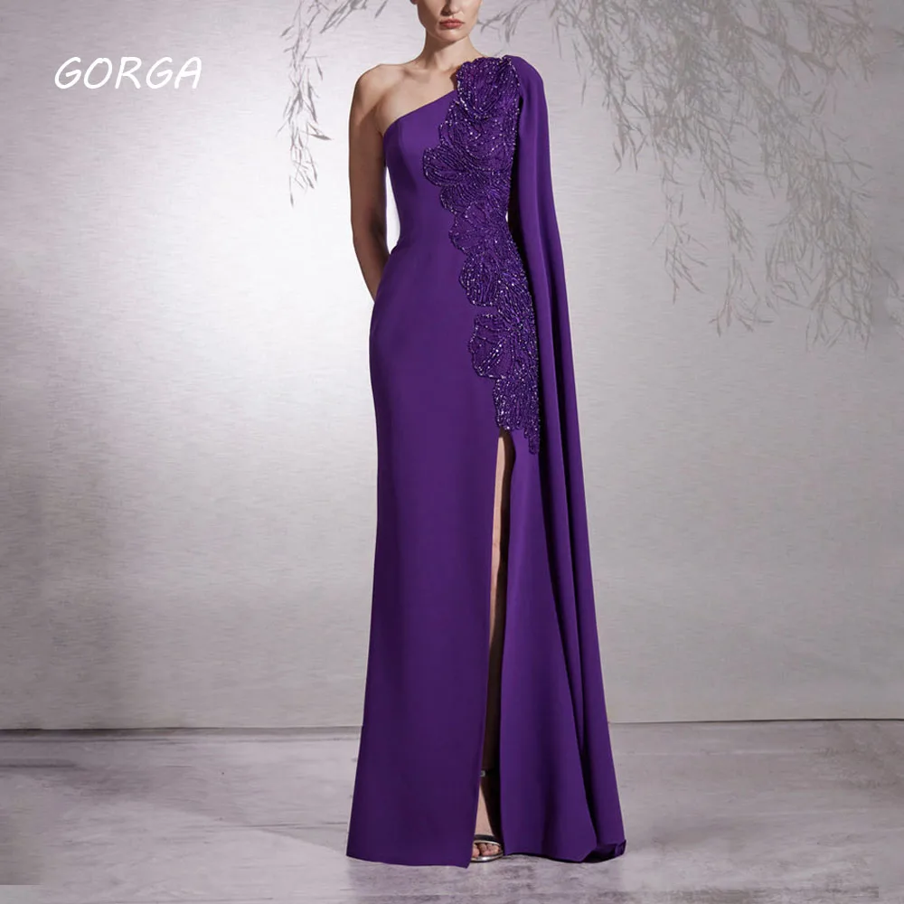 

GORGA Purple One-Shoulder Beading Mermaid 2024 Slim Long Crepe Ocassion Gown Floor-Length Evening Dress فستان سهرة نسائي