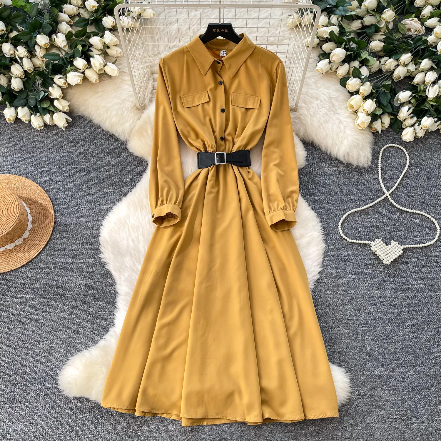 

Long Dress Women Dresses A Line Vestidos Y2k Streetwear Turn Down Collar Sleeve Elegant Party Night Work Tigth Waist Spring