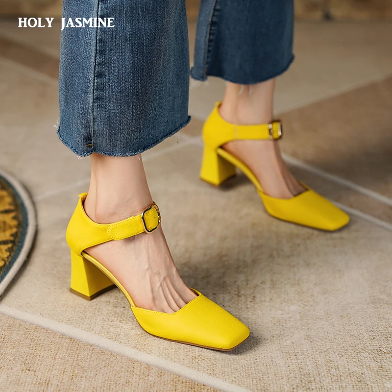 

2022 Summer New Women Shoes Square Toe High Heels Cover Heel Shoes Women Genuine Leather Women Sandals Concise Retro Mary Janes