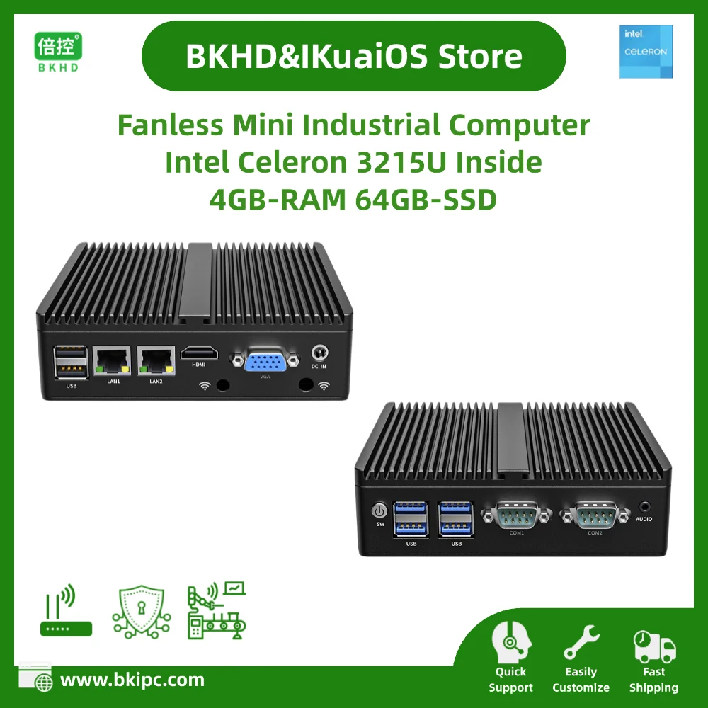 

Fanless Mini Industrial PC Celeron 3215U Dual Core 2x1GbE 4GB RAM 64GB SSD for Embedded IoT Edge Computing BKHD-G30-1168-2L2C