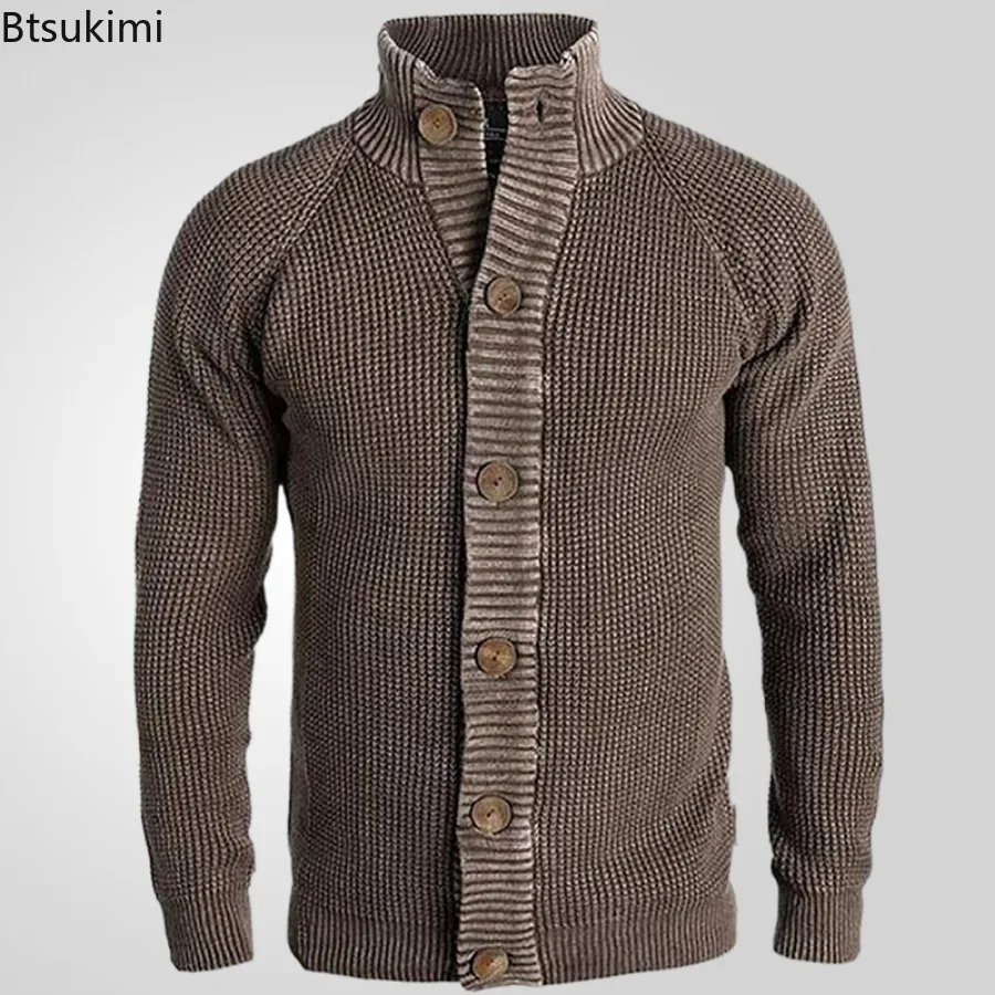 Cardigã masculino casual de malha com botões, suéteres de malha monocromáticos, gola simulada, suéter fino, moda vintage, outono, inverno, novo