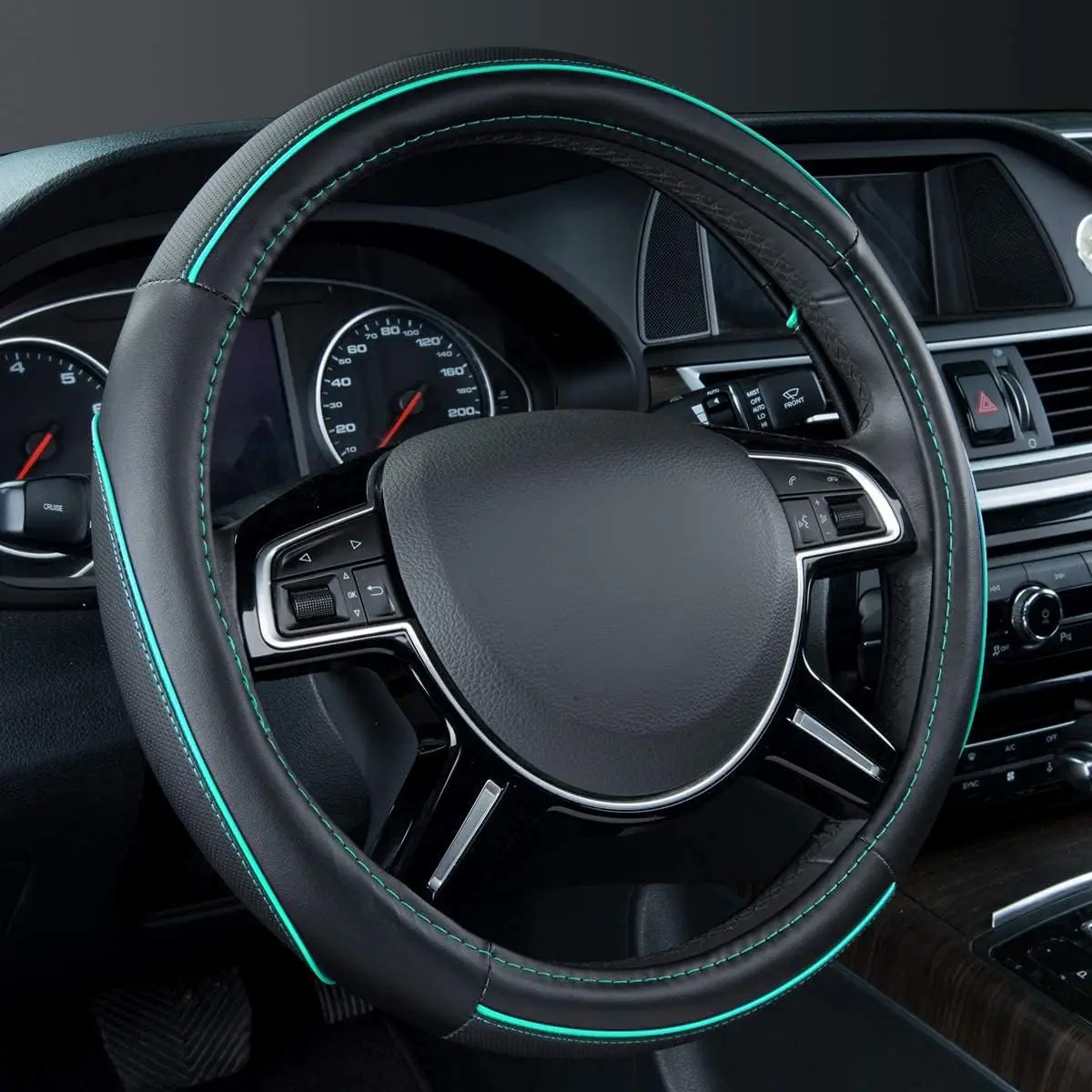 

Universal Leather Steering Wheel Cover with Color Piping, Fits 14.5-15.5 Inch Wheels for SUVs, Vans, Sedans (Black & Mint)