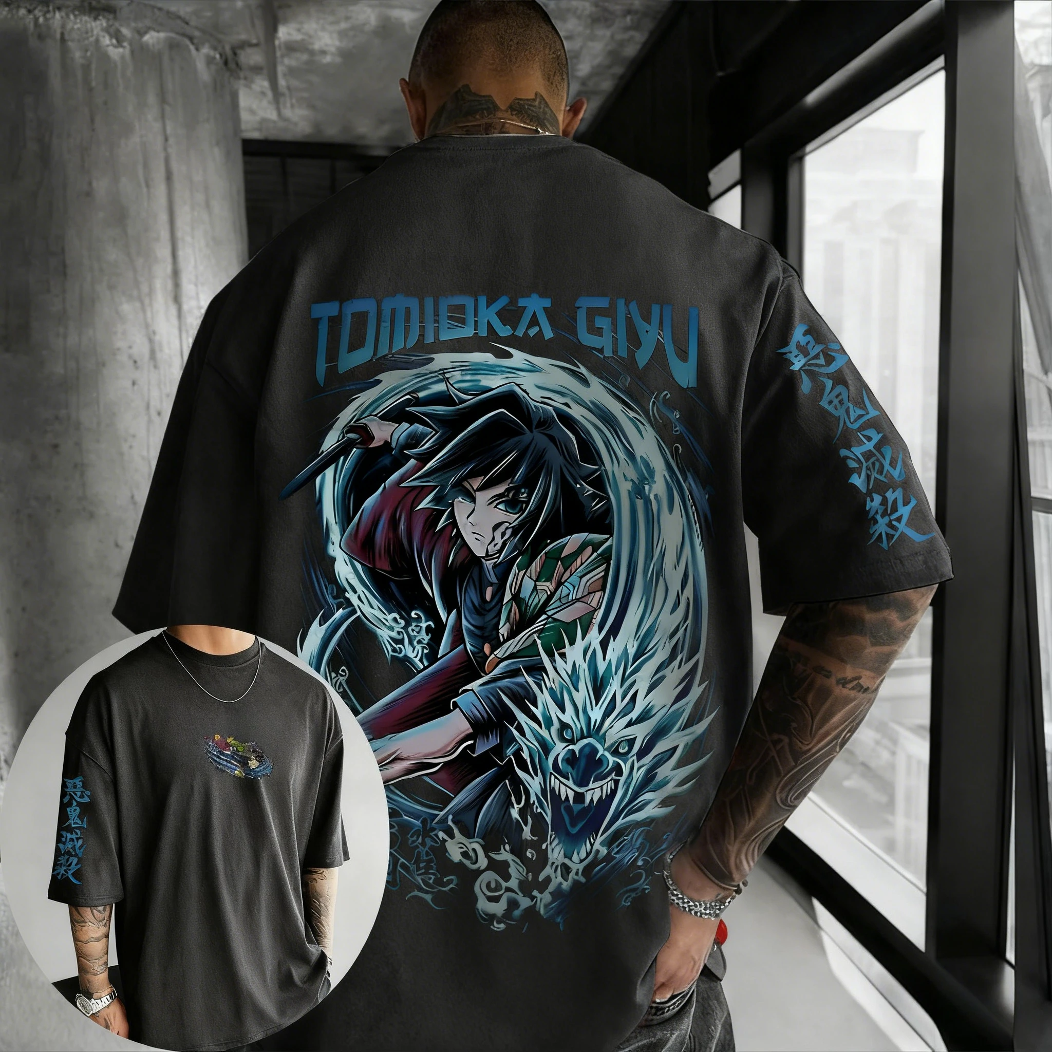شيطان القاتل أنيمي Tomioka Giyuu تي شيرت مطبوع 2026 الرجال الخريف/الشتاء Harajuku جديد كبير اليومية عادية الوالدين والطفل #6