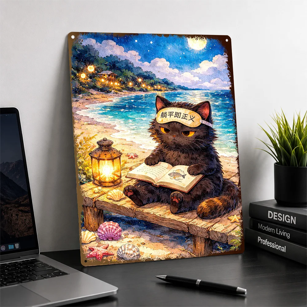 Black Cat Reading On A Beach At Night Aluminum Poster Customized Metal Sign Striking Colorful Animal Wall Art For Home Offices