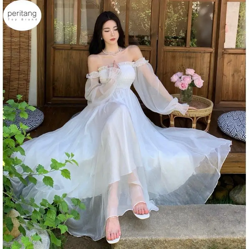 

PERITANG Elegant Maxi Dresses For Women White Off Shoulder Puff Long Sleeve Elastic High Waist Party Gown Ruffle Holiday Dress