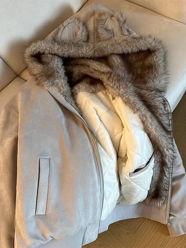 

Men's ort Thiened Cotton Jaet Ear Hooded Warm Winter Coat Suede Velvet Faionable Casual Outerwear Zipper Decoration