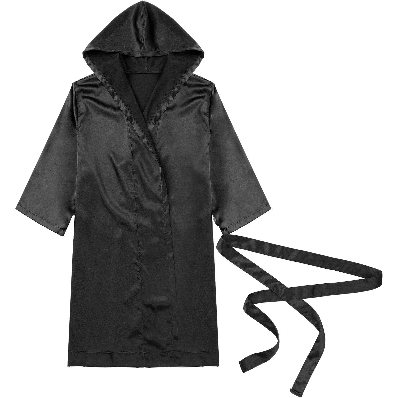 Mens Robe Nightgown Satin Open Front Belted Kimono Half Sleeve Hooded Bathrobe Nightwear for Sleeping Casual Home Wear Hot Sale