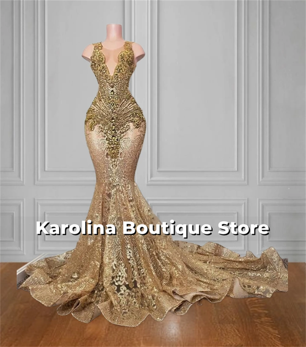 

Champagne O Neck Prom Dress Black Girls Beaded Gold Rhinestones Luxury Dresses Women 2025 Mermaid African Wedding Customized