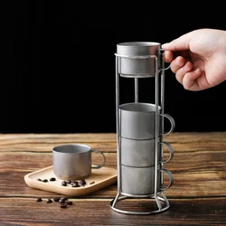 100ml Espresso Cup Set Double Wall Anti-scald 304 Stainless Steel Coffee Cup Set Retro Industrial with Storage Rack Coffee Mugs