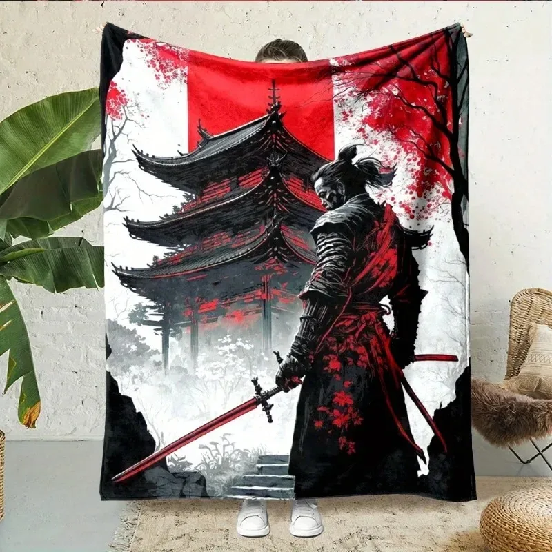 

Japanese Samurai Spirit Soft Flannel Throw Blanket All-Season Comfort Cartoon Print Easy-Care Perfect Bed Sofa Camping Travel