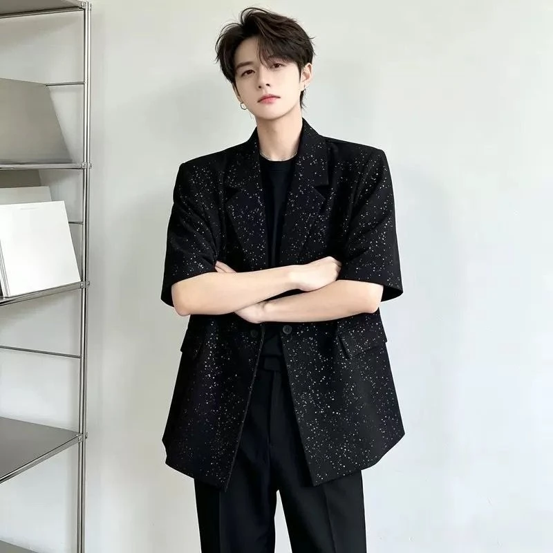 Sparkly Sequin Short Sleeve Blazer Men Women Summer Party Performance Suit Jacket Bling Glitter Casual Single Breasted Coat