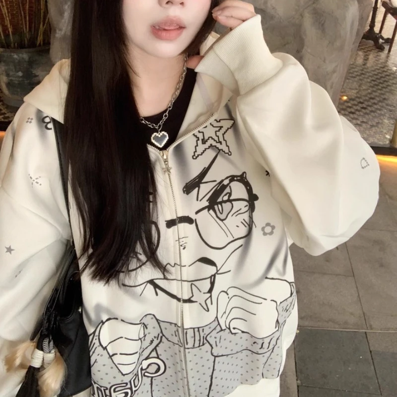 American Retro Y2K Cartoon Anime Hooded Women's Sweatshirt Spring Autumn New Loose Casual Versatile Zipper Cardigan Coat Ladies