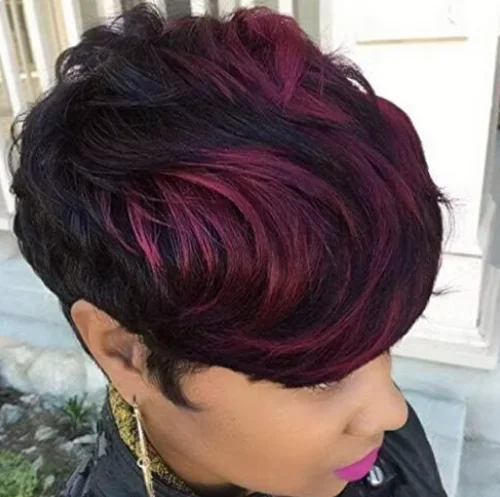 Short Human Hair Wigs with Bangs Pixie Cut Burgundy Black Mixed Wave Hair