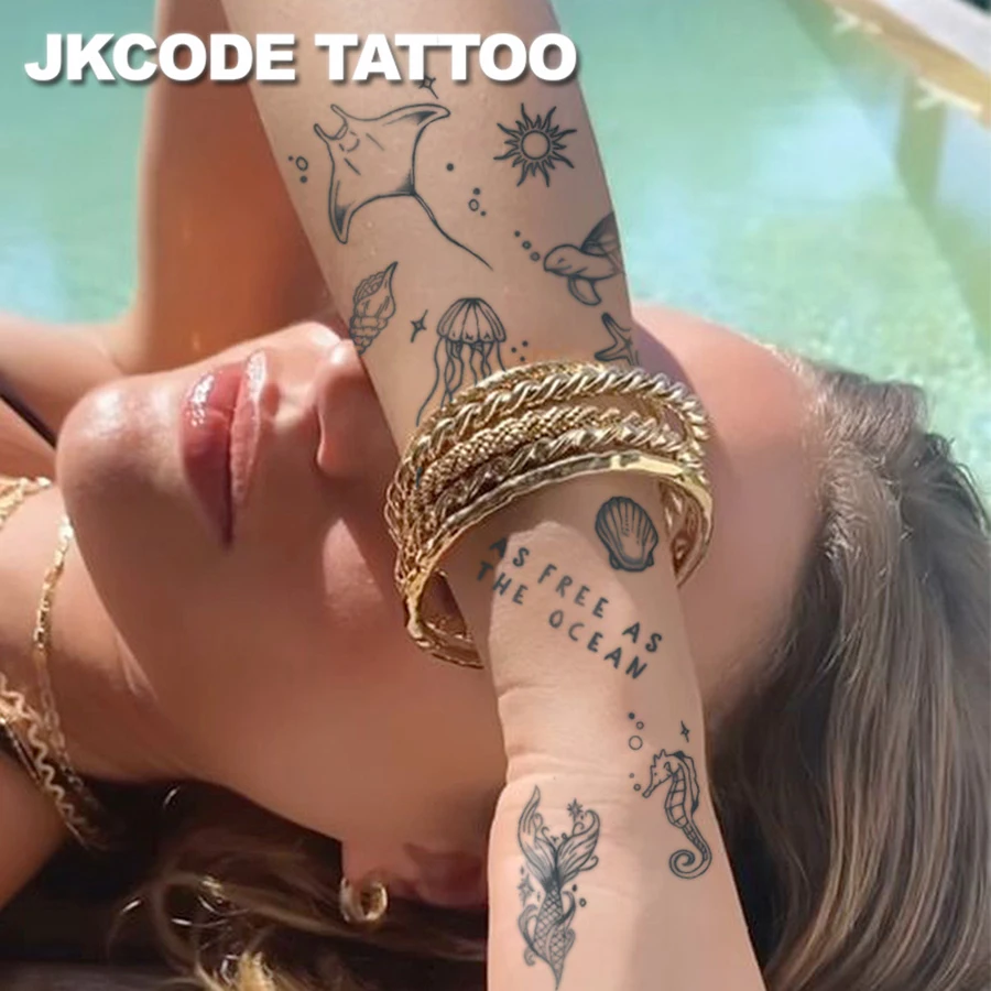 OCEAN MINIMAL TATTOO-Herbal Tattoo Stickers INS Style CUTE Design-INS style-Ocean Theme Island Style Patterns-Turtles, Starfish, Shells, Jellyfish-Cute Tattoos Fashionable Accessories for Girls Women's Finger, Hand, and Neck Tattoos Long-lasting Waterproof for 15 Days