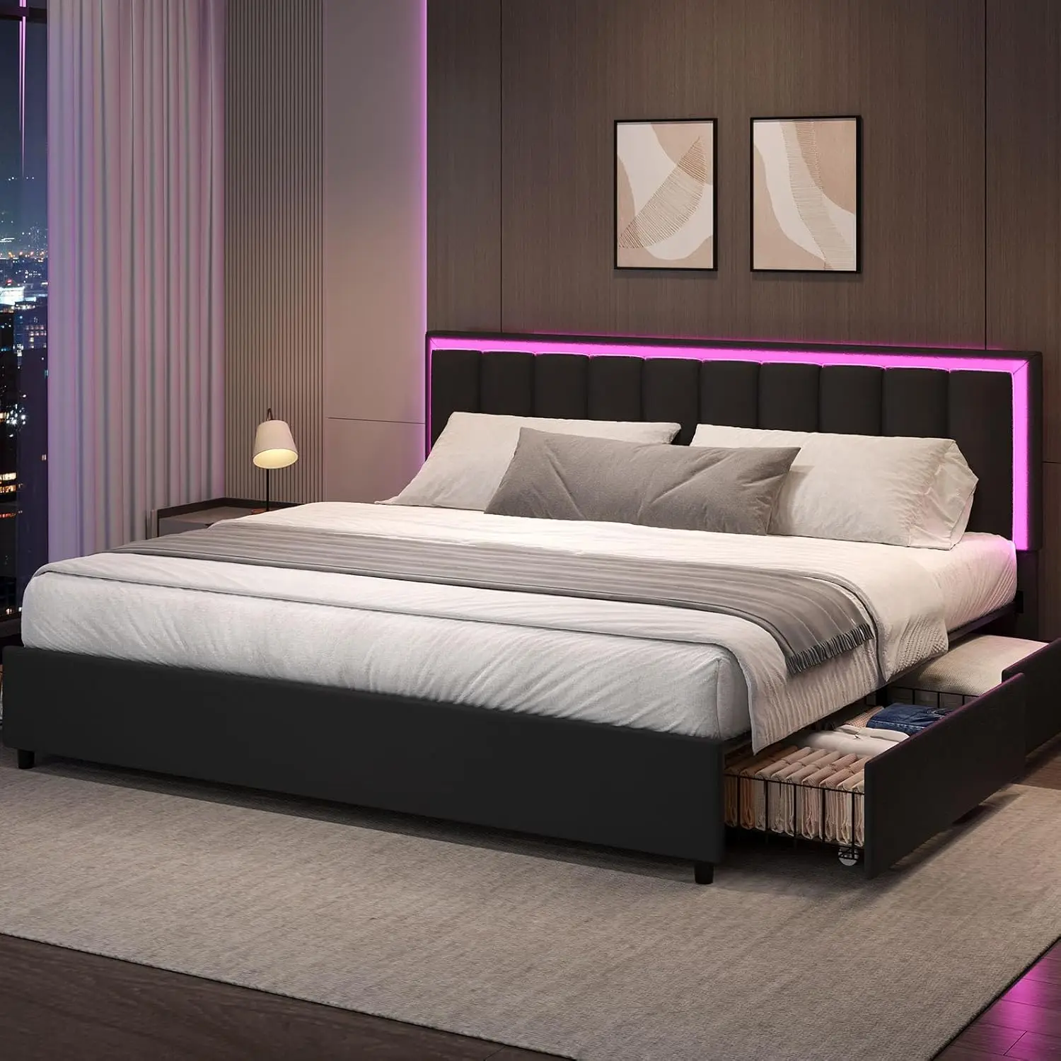 Full Size Bed Frame with 4 Storage Drawers, Upholstered Bed Frame Full with LED Headboard, RGB LED Lights, Heavy Duty Wood Slat