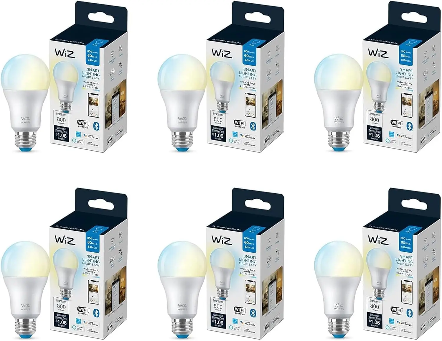 

6-Pack A19 Smart LED Bulb, 60W Tunable White, Wi-Fi & Voice Control, Motion-Activated, Matter Compatible