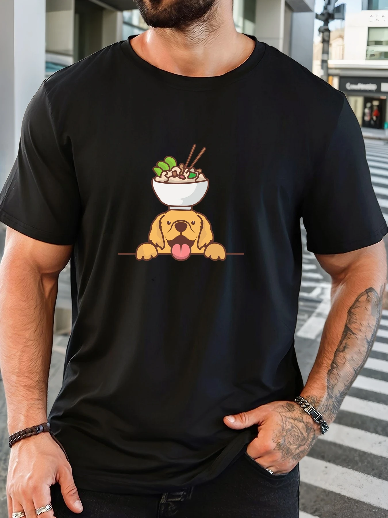 

Male Top Bowl Puppy Pattern Summer Casual Crew Neck Short T-Shirt
